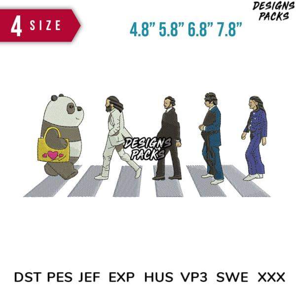 Panda & Beatles crossing street embroidery design in 4 sizes, DST PES JEF formats