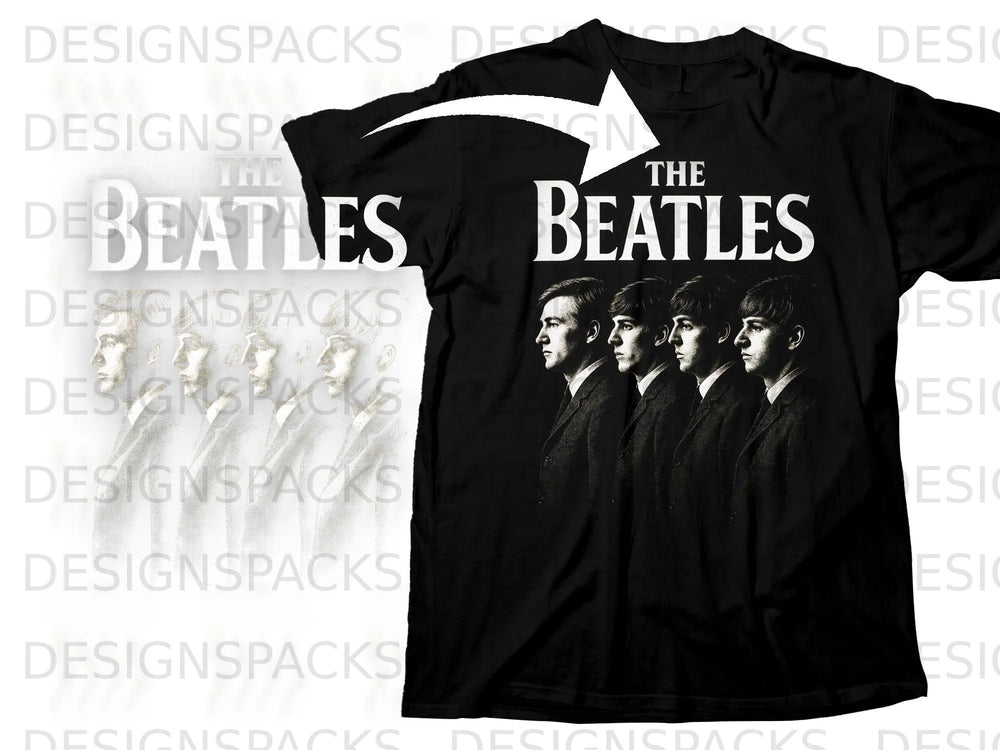 Black t-shirt with The Beatles logo and band members' portraits.
