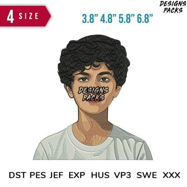 Embroidery design of a person with curly hair, available in multiple sizes and formats like DST, PES, JEF.