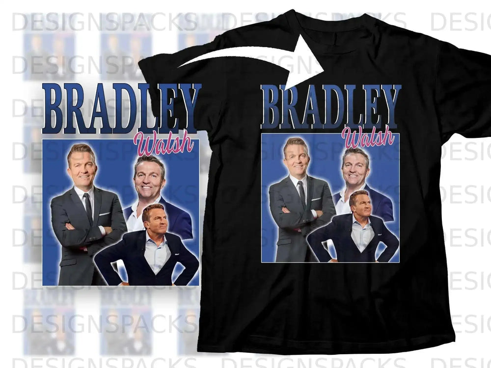 Black t-shirt featuring Bradley Walsh in a suit on a blue background.