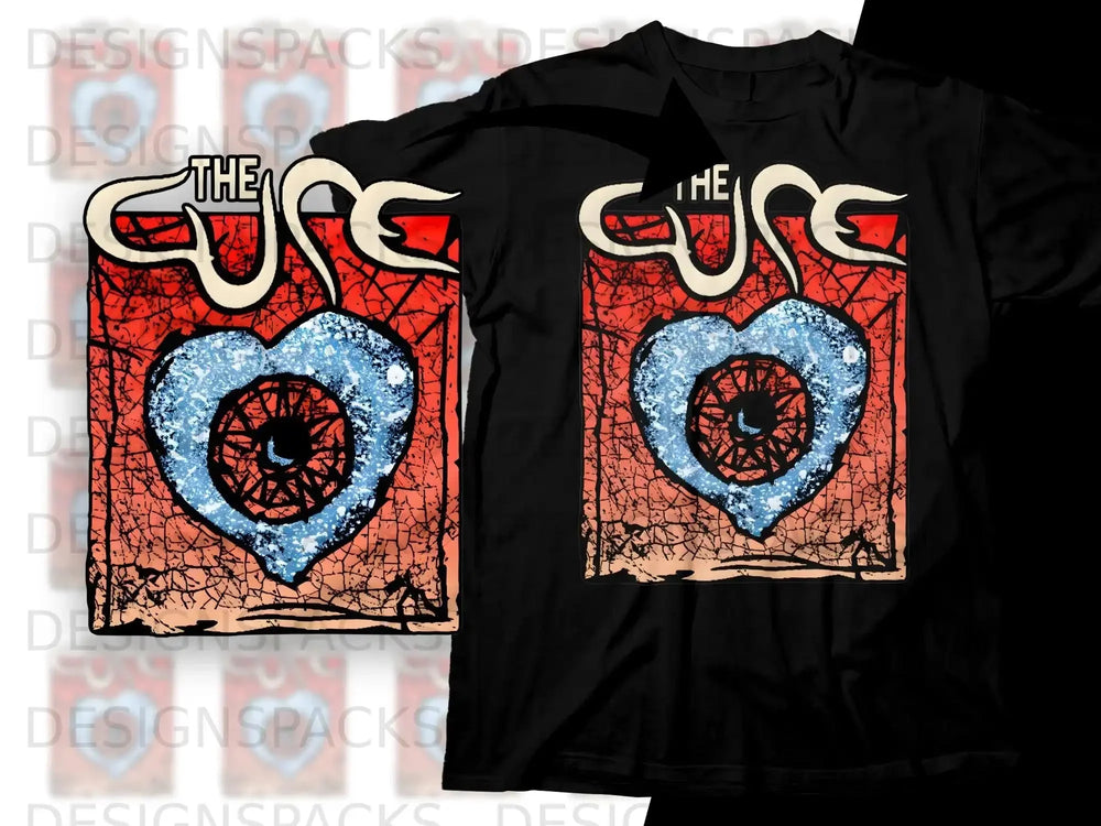Black t-shirt with The Cure band logo and distressed heart-shaped eye graphic.