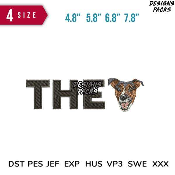 Embroidery design of dog face with 'THE' text, available in 4 sizes and multiple file formats for instant download.