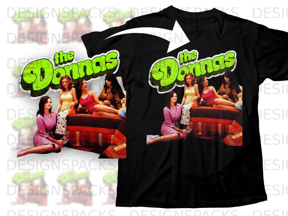 Black t-shirt featuring a graphic of "The Donnas" with four women on a bed.
