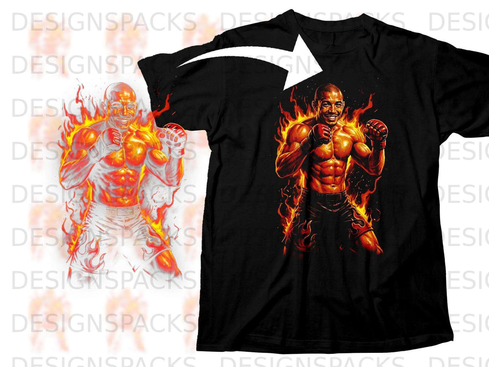 Black t-shirt featuring a flaming MMA fighter graphic with boxing gloves.