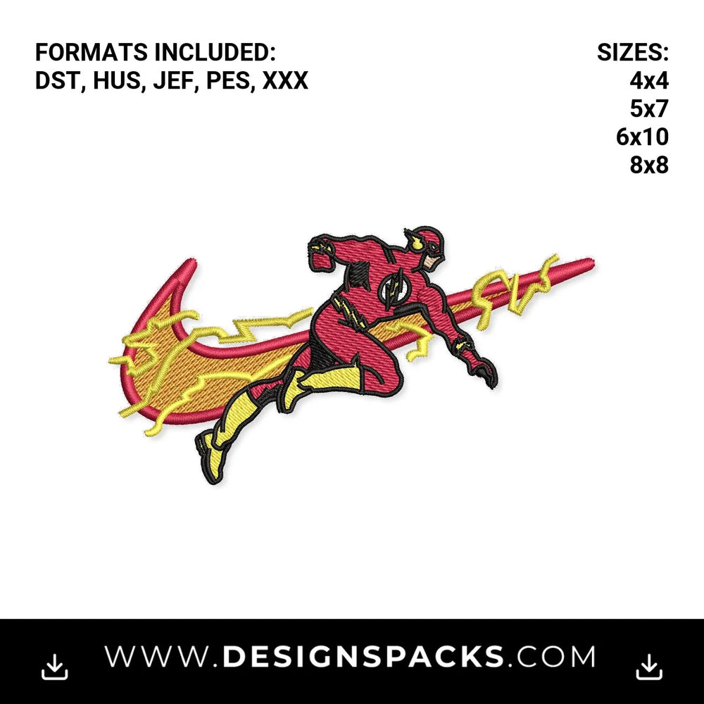 The Flash Running Lightning Swoosh Embroidery Design - Instant digital download pattern at Designspacks.com