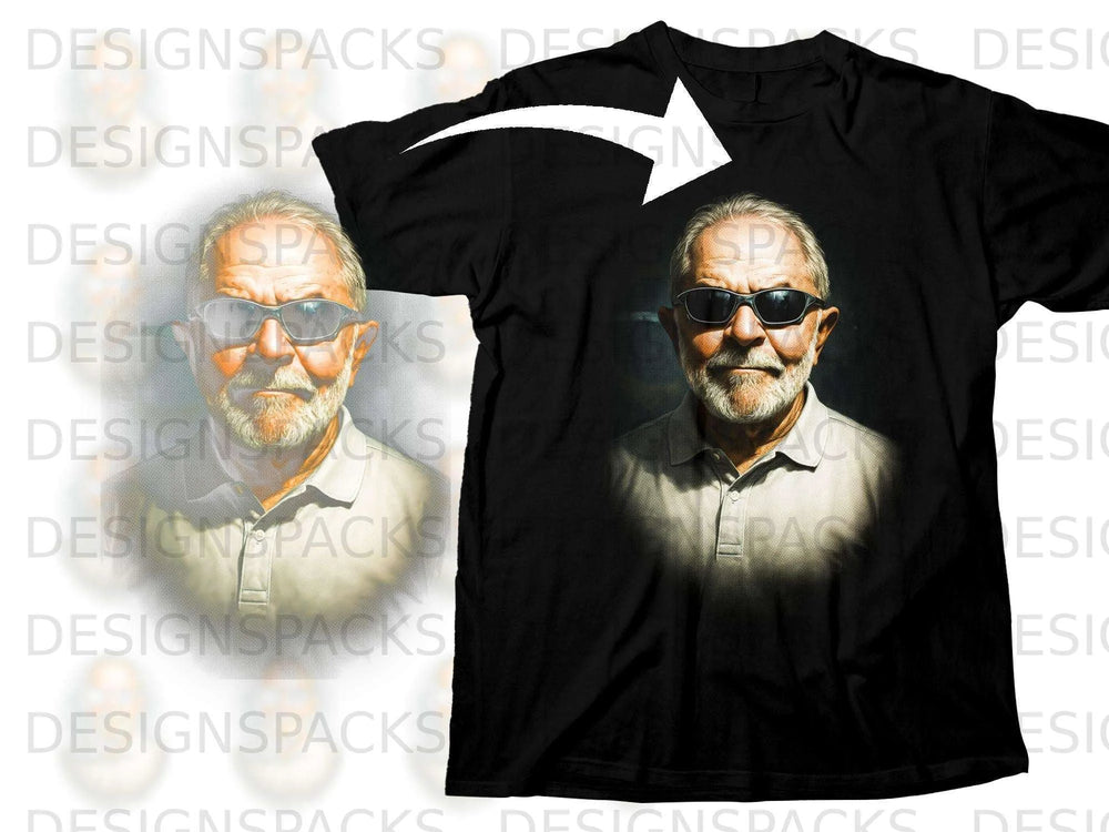 Black t-shirt with a portrait print of a man wearing sunglasses.