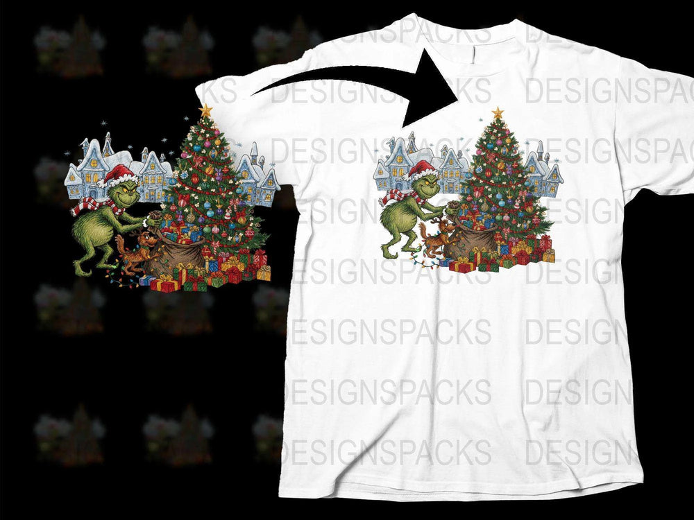 Festive Holiday T-Shirt, Christmas Tree and Dinosaurs, Unique Graphic Tee, Unisex Christmas Shirt