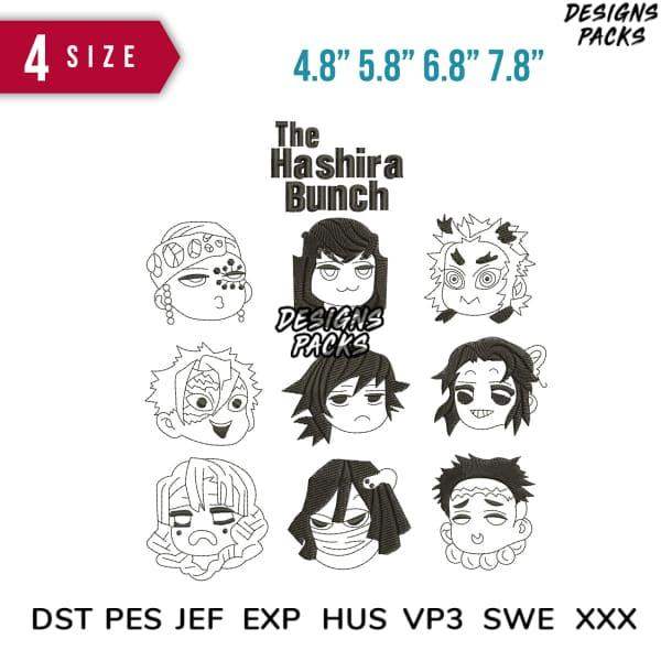 The Hashira Bunch chibi embroidery designs in 4 sizes, compatible with DST PES JEF formats for instant download.