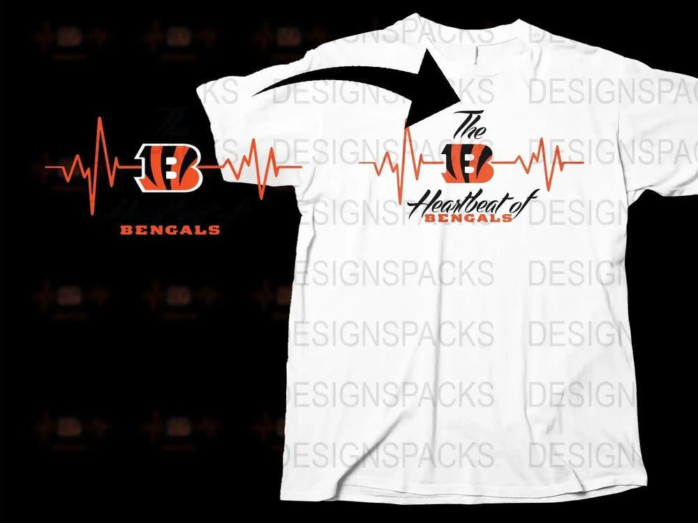 Heart of Bengals T-shirt, White Graphic Tee, Sports Pulse Line, Football Fan Apparel