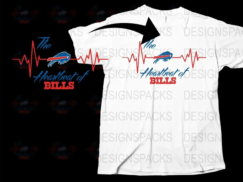 Buffalo Themed Heartbeat of Bills T-Shirt, Sports Fan Graphic Tee, Red and Blue Pulse Line Design