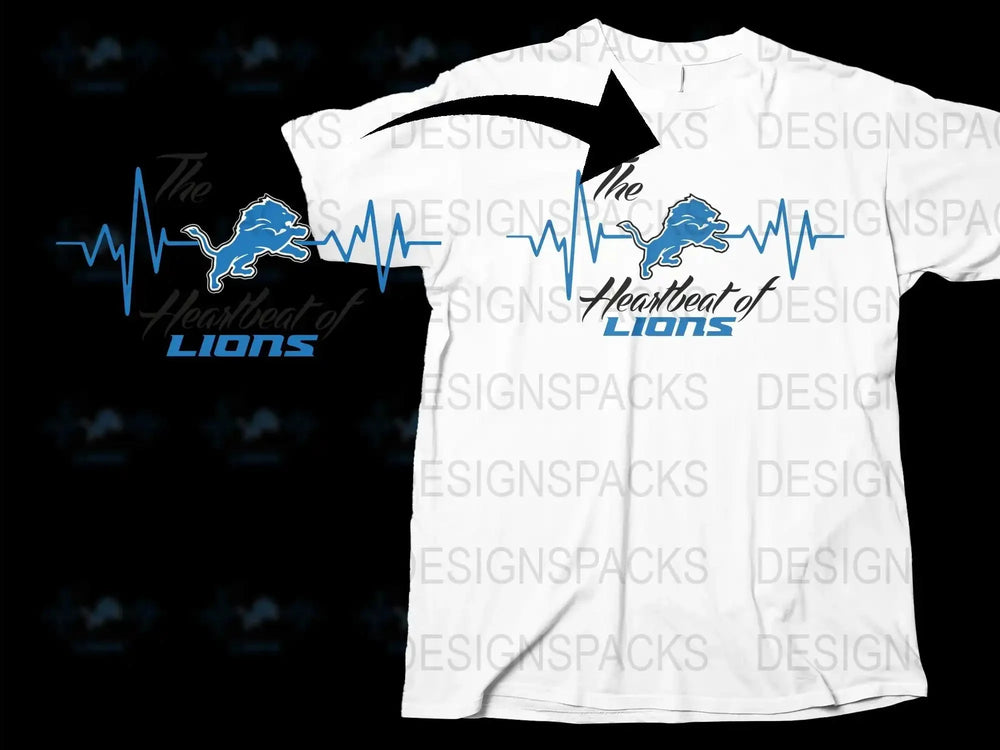 Heartbeat of Lions Graphic T-Shirt, Blue and White Lion Pulse Design, Casual Sports Tee, Unique Animal Motif Shirt