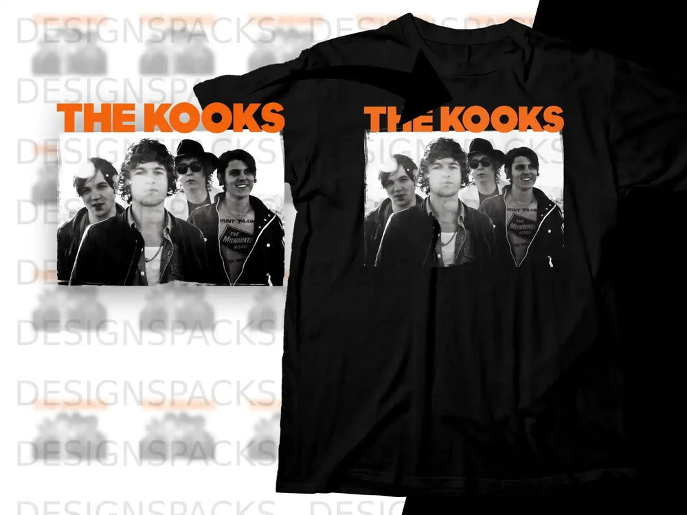 The Kooks band members on a black t-shirt with "The Kooks" text.
