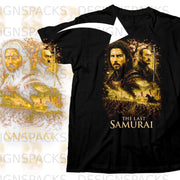 Black t-shirt featuring "The Last Samurai" movie poster artwork with key characters and battle scene.