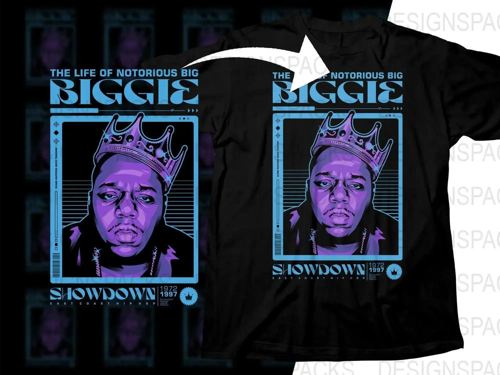 Notorious Big t-shirt design with purple crown portrait, 'The Life of Biggie' text, and 'Showdown 1972-1997' for DTF/DTG printing