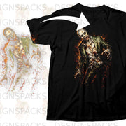 Black t-shirt featuring a graphic of a zombie with torn clothing and fiery splatter.