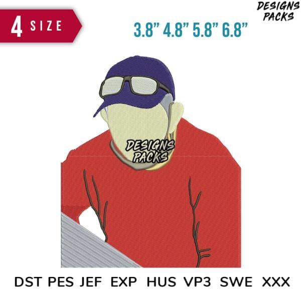 Embroidery design of a person in red shirt, blue cap, and sunglasses, available in multiple sizes and formats.