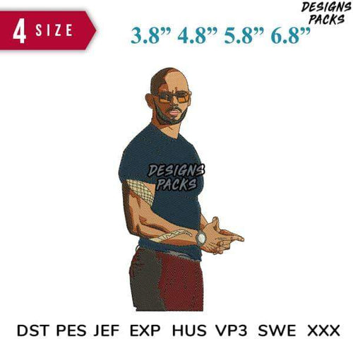 Embroidery design of a man in sunglasses, available in multiple sizes and formats for instant download.