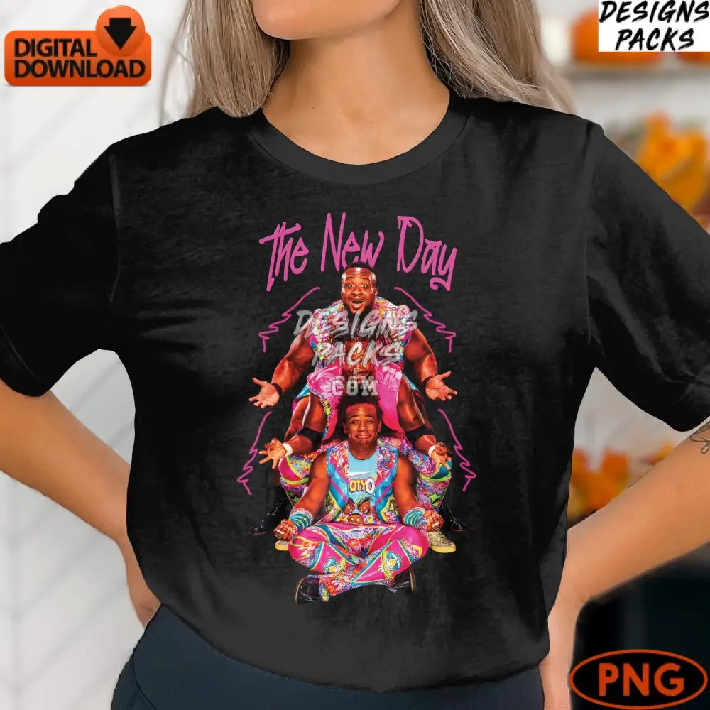 The New Day Wrestling Colorful Wrestler Art Instant Download Png Image