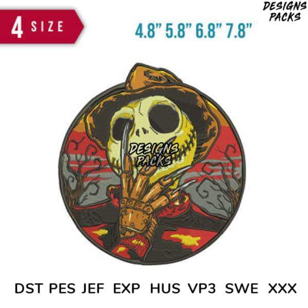 Skull in cowboy hat embroidery design, 4 sizes, DST PES JEF formats, Halloween theme