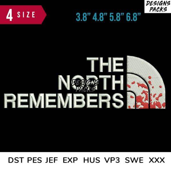 Embroidery design 'The North Remembers' with red splatter, 4 sizes, DST PES JEF formats, print-ready