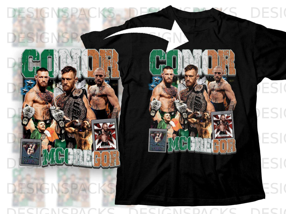 Conor McGregor with UFC championship belts, "Fearless" text, and graphic accents.