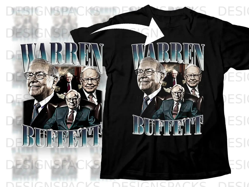 Warren Buffett portrait graphic on black t-shirt.