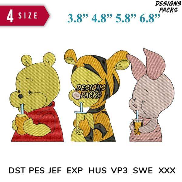 Winnie the Pooh, Tigger, and Piglet sipping drinks in embroidery designs, available in multiple sizes and formats.