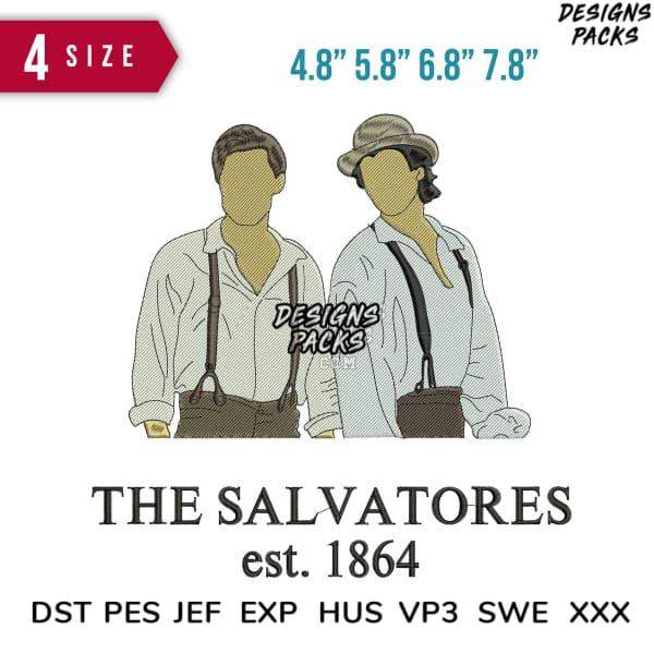 Embroidery design of two vintage figures in suspenders, labeled 'The Salvatores est. 1864', available in multiple sizes and formats.