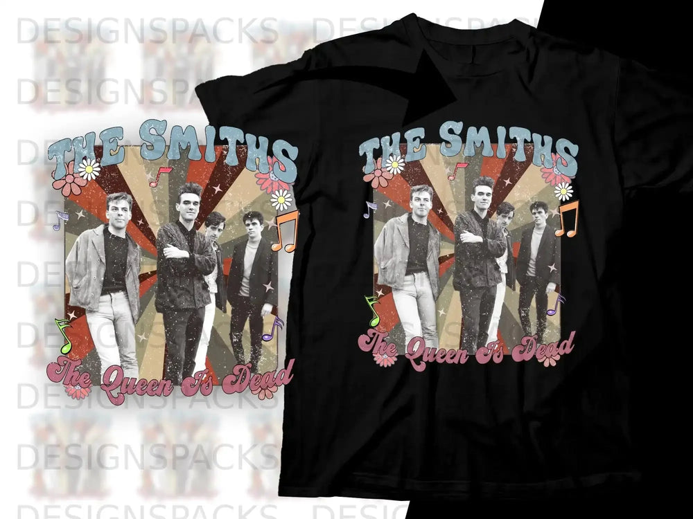 The Smiths "The Queen Is Dead" album art on black t-shirts.