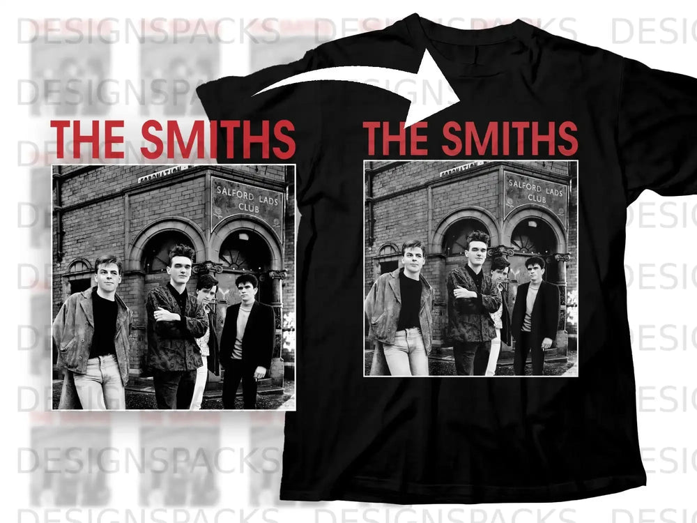 The Smiths band members pose in front of Salford Lads Club building.