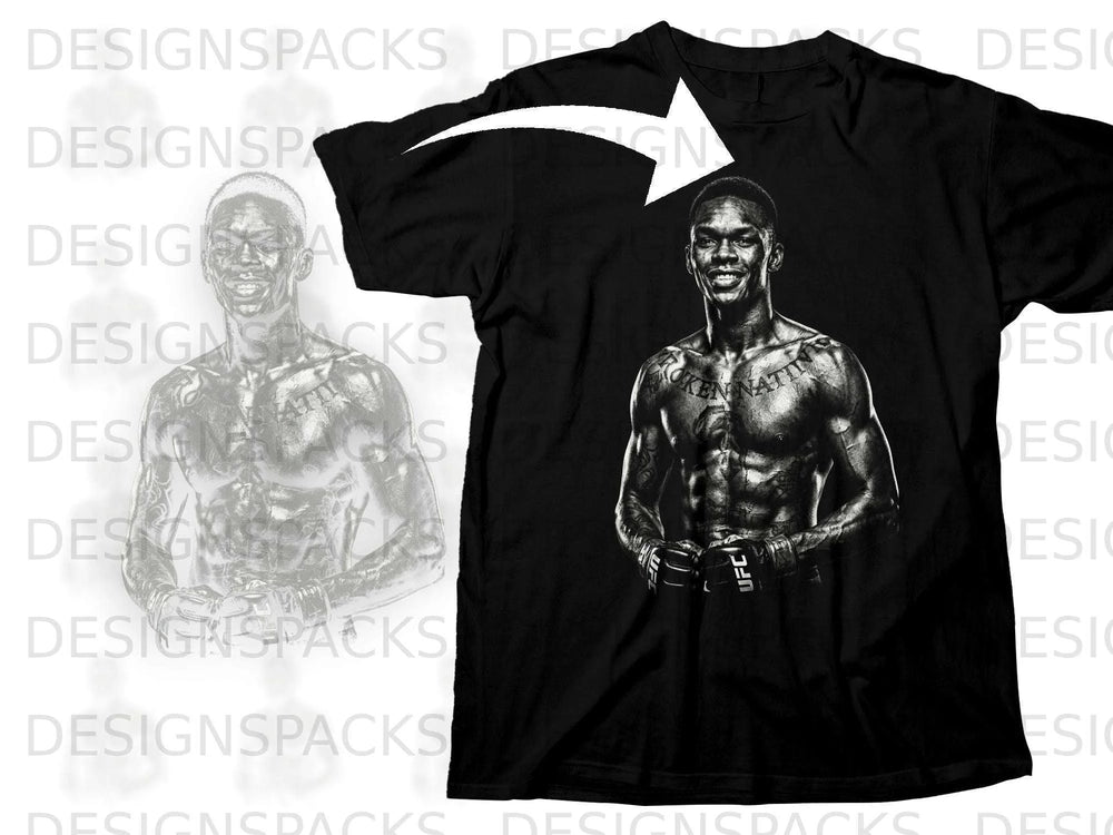 Black t-shirt with a graphic of UFC fighter Israel Adesanya.