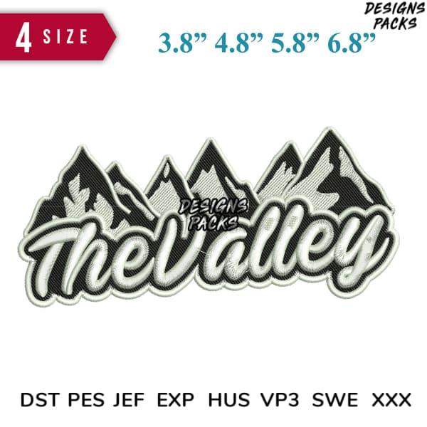 Mountain-themed embroidery design 'The Valley' in 4 sizes, compatible with DST PES JEF formats for instant download.