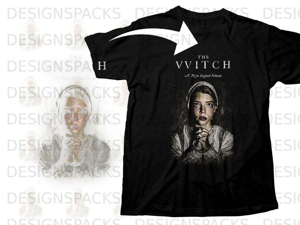 Black t-shirt with "The VVitch A New England Folktale" and praying woman artwork.