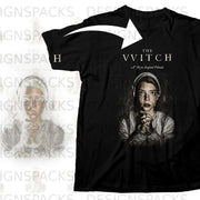 Black t-shirt with "The VVitch A New England Folktale" and praying woman artwork.