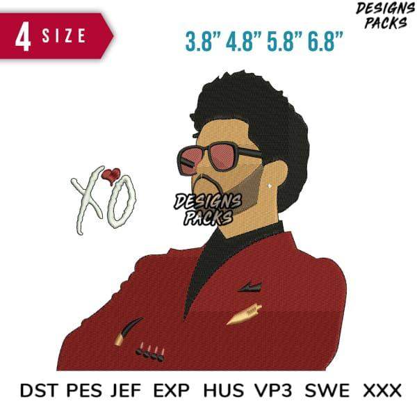 Embroidery design of stylish man in red suit with XO heart, available in 4 sizes & multiple formats