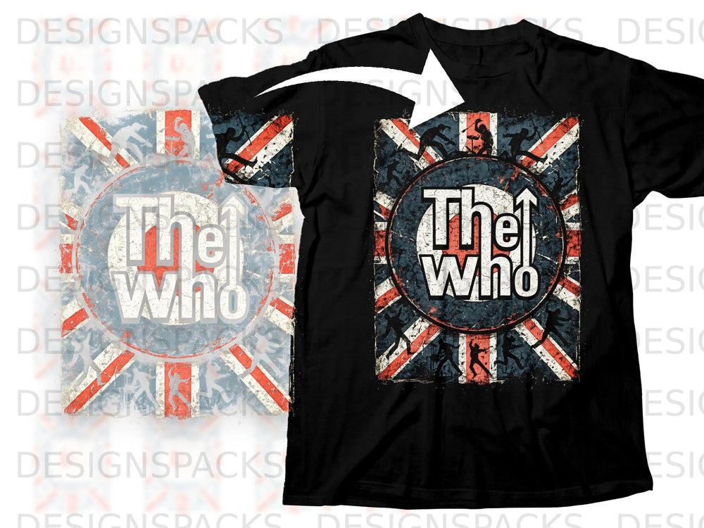 Black t-shirt with a distressed Union Jack and target graphic featuring "The Who" band logo.