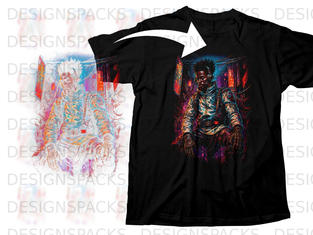 Black t-shirt featuring a colorful graphic of a man in headphones with cybernetic elements.