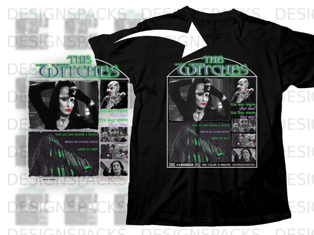 Black t-shirt with "The Witches" movie poster and VHS details.