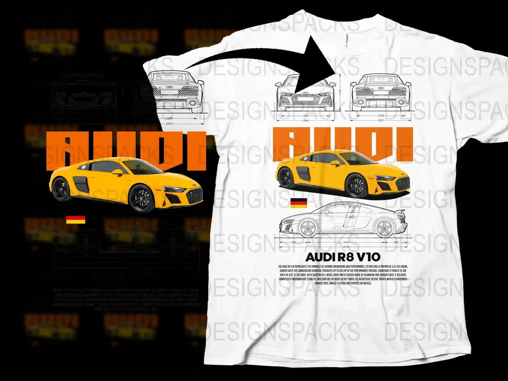 Audi R8 V10 White T-Shirt, Car Enthusiast Graphic Tee, Automotive Apparel, Men's Fashion Shirt