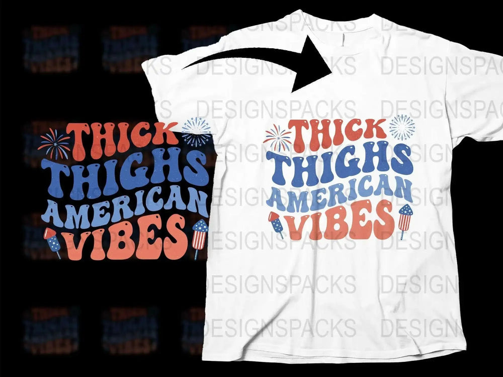 Patriotic T-Shirt Thick Thighs American Vibes Graphic Tee, USA Flag Style Casual Wear for Fourth of July Celebrations