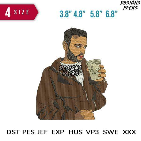 Embroidery design of man holding coffee cup, 4 sizes, DST PES JEF formats, print-ready