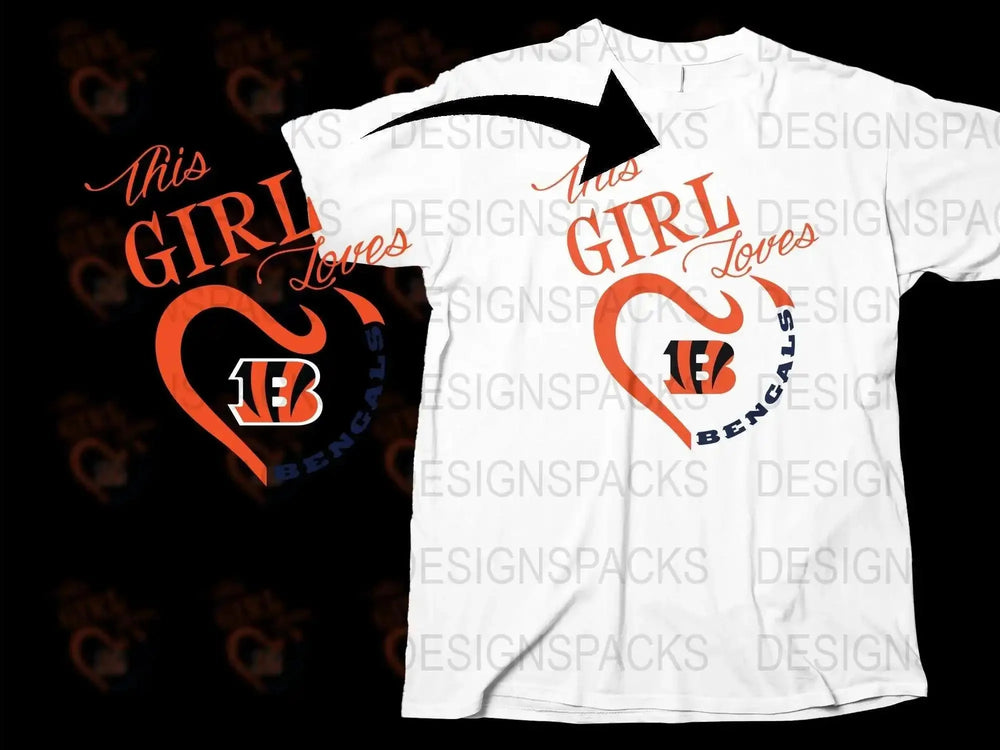 Cincinnati Bengals T-Shirt, This Girl Loves Bengals Heart Design, White Tee for Women, Fan Apparel