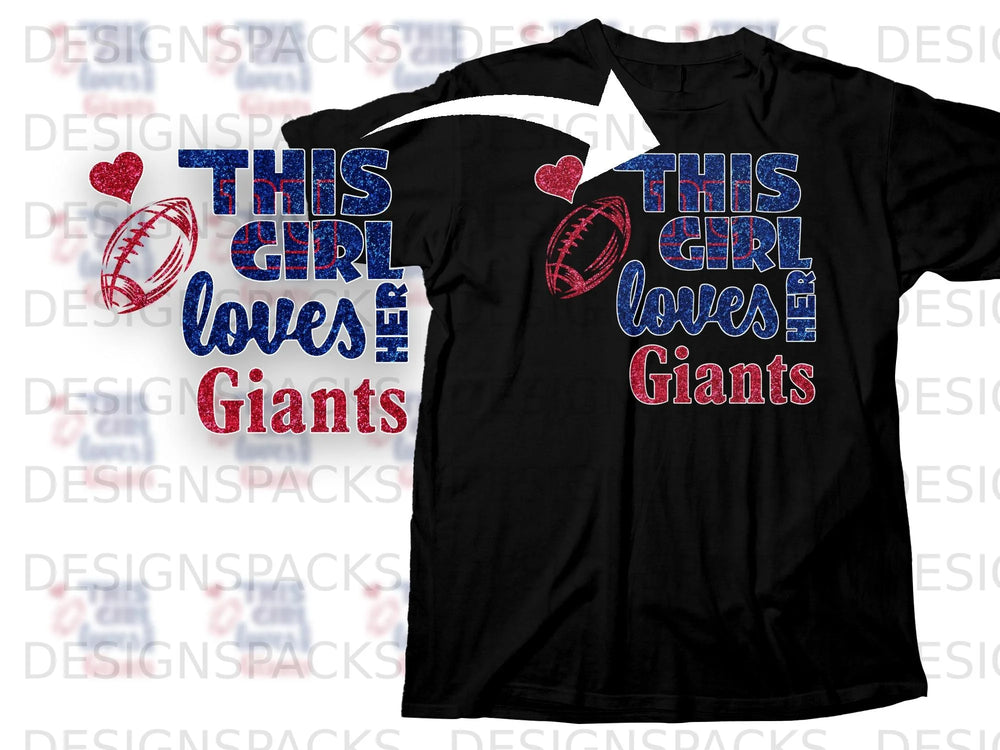 Black t-shirt with "This Girl Loves Giants" text and football graphic.