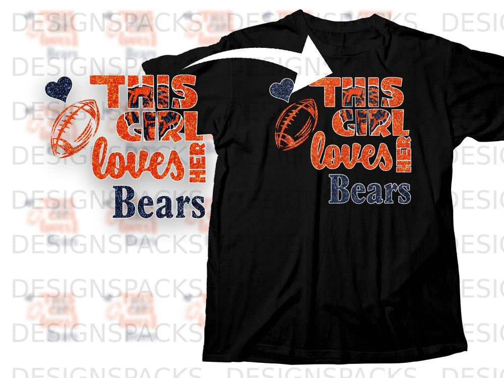 Black t-shirt with glitter text: "This Girl Loves Bears" and football graphics.