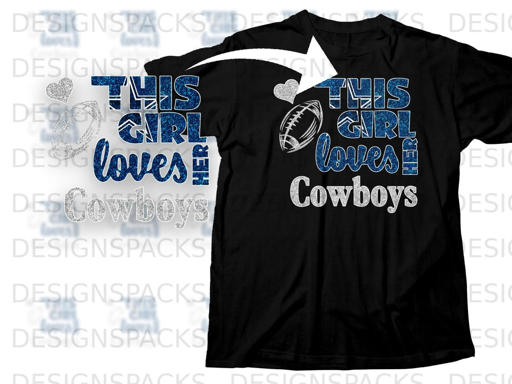 Black t-shirt with "This Girl Loves Cowboys" text in glittery blue and silver lettering.