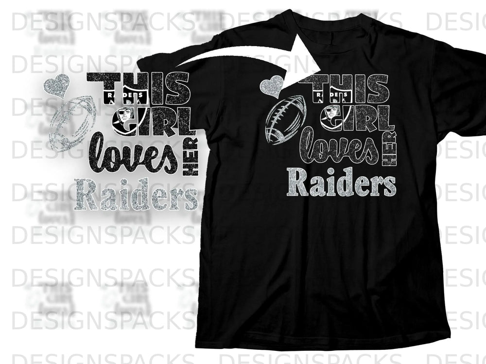 This girl loves her Raiders text and football graphic on a black t-shirt.
