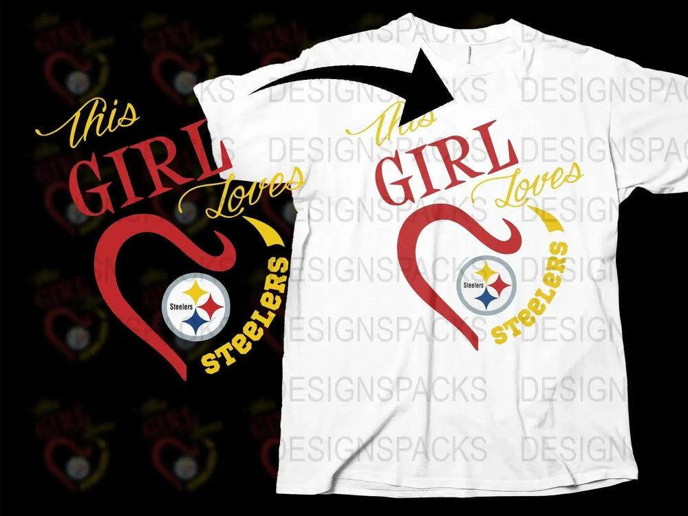 'This Girl Loves Steelers' T-Shirt, Heart and Team Logo, Football Fan Apparel, Women's Sports Tee, Gift for Her, Pittsburgh Love