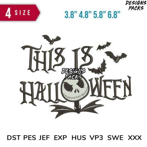 Halloween embroidery design with skull, bats, and gothic text in 4 sizes, compatible with DST PES JEF formats