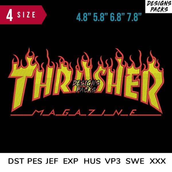 Thrasher Magazine flame logo embroidery design in 4 sizes, PES DST JEF formats for instant download