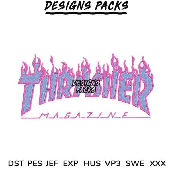 Thrasher Magazine flame logo embroidery design in pink and blue, compatible with DST PES JEF formats for instant download.
